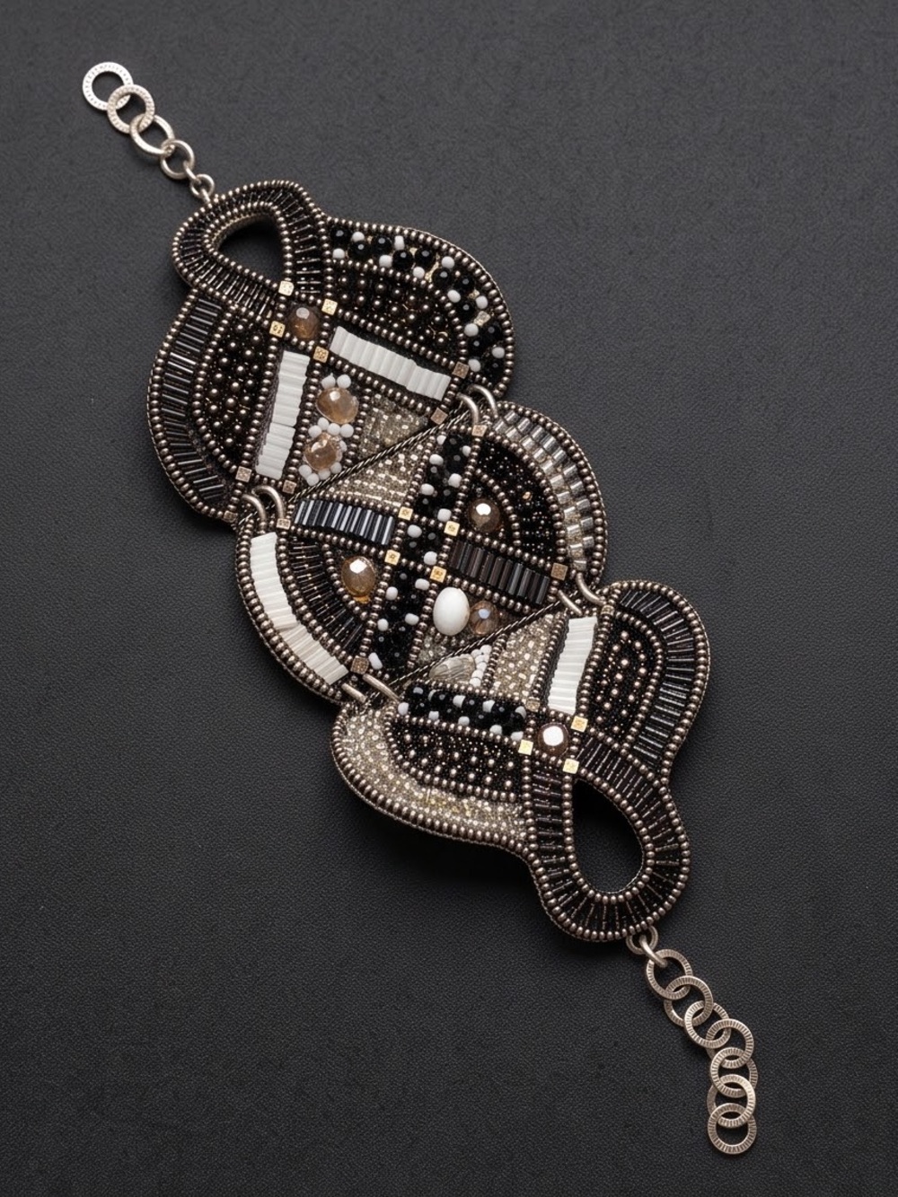 Hand-Beaded Black and Silver Statement Bracelet